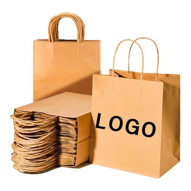 Factory-customized kraft paper bags with handles; color options available.