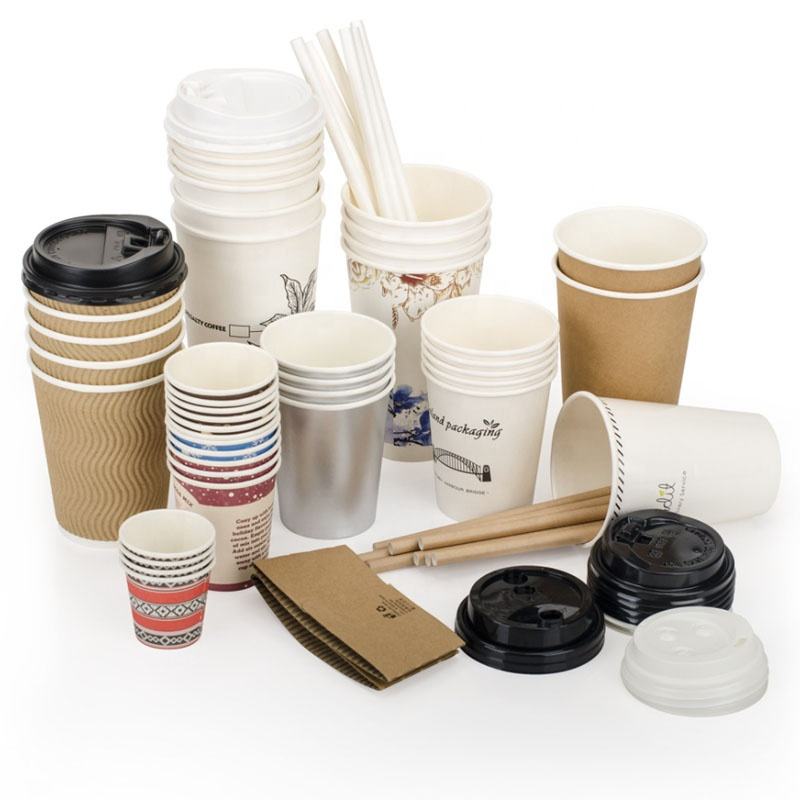 Wholesale disposable paper cups (4oz, 8oz, 10oz, 12oz, 16oz) for hot and cold beverages, with custom printing.