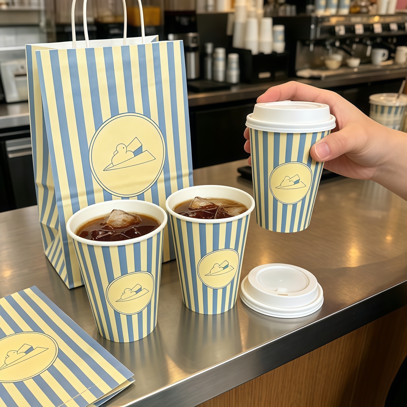 Customizable biodegradable disposable double-wall kraft paper cups for aviation—suitable for tea, coffee, and takeout—with lids.