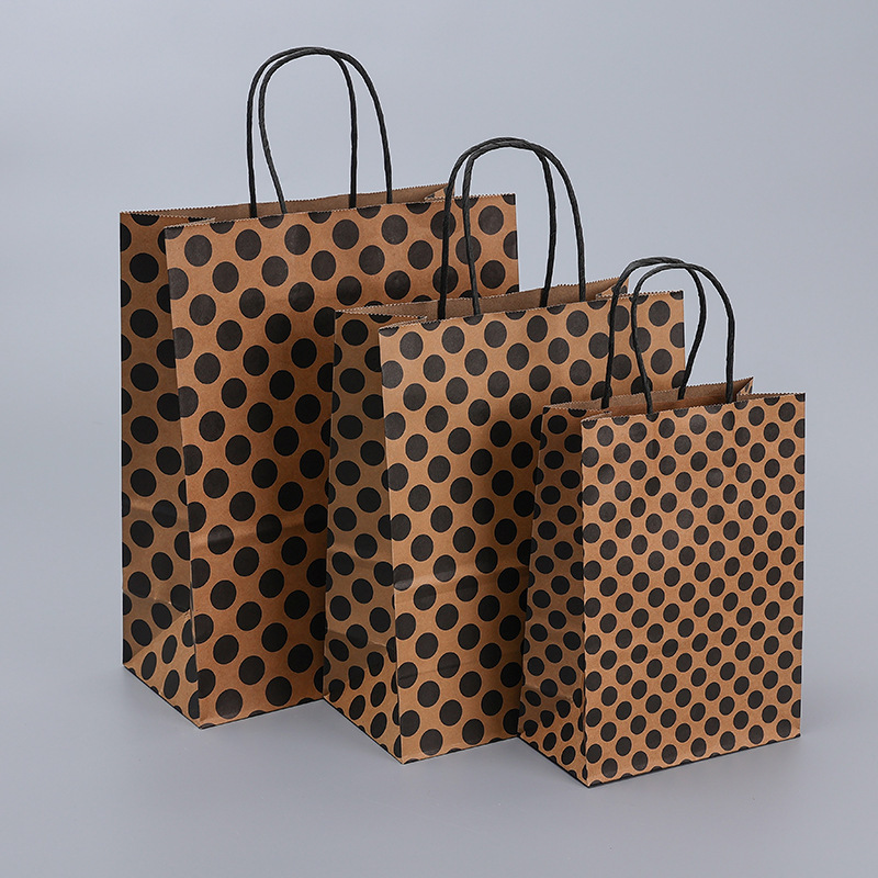 Customizable kraft paper bags featuring stripes, polka dots, or wavy patterns—suitable for shopping or gifts.