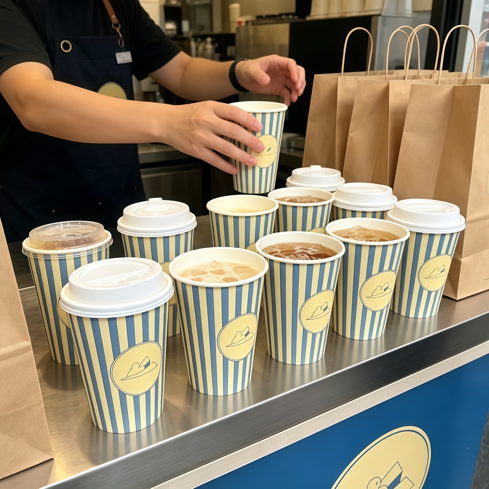 Customizable biodegradable disposable double-wall kraft paper cups for aviation—suitable for tea, coffee, and takeout—with lids.
