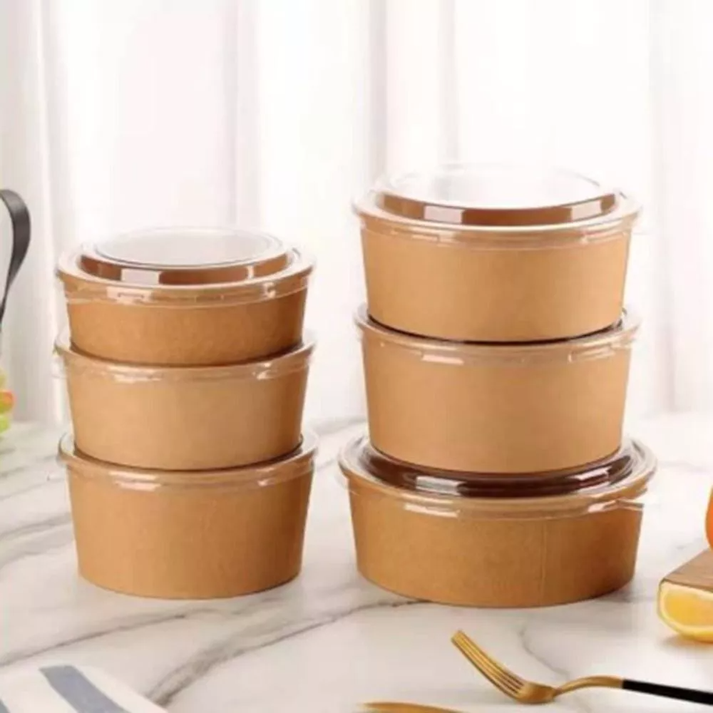 Customized white disposable food-grade kraft paper bowls, takeaway noodles, PP lids, and other food-grade kraft paper plates and bowls.