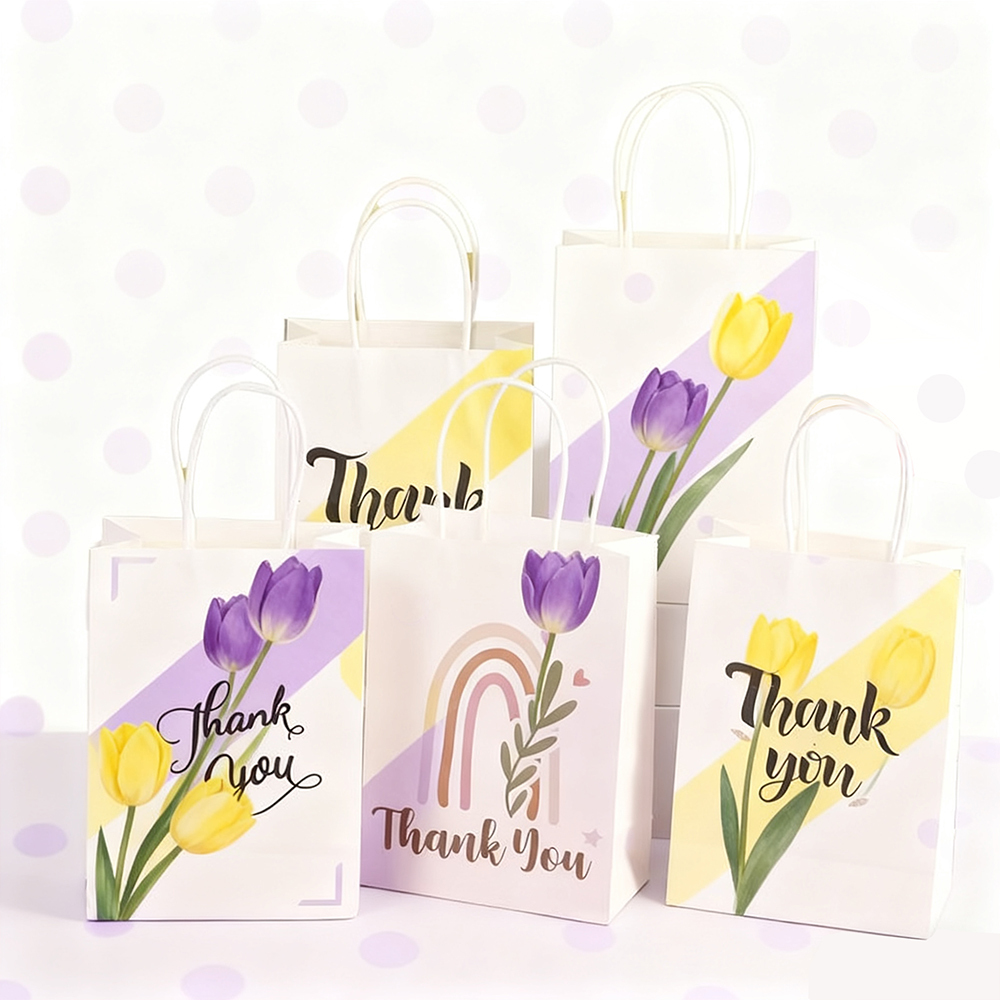 Custom-printed kraft paper bags with floral patterns and personalized branding—featuring your own logo.
