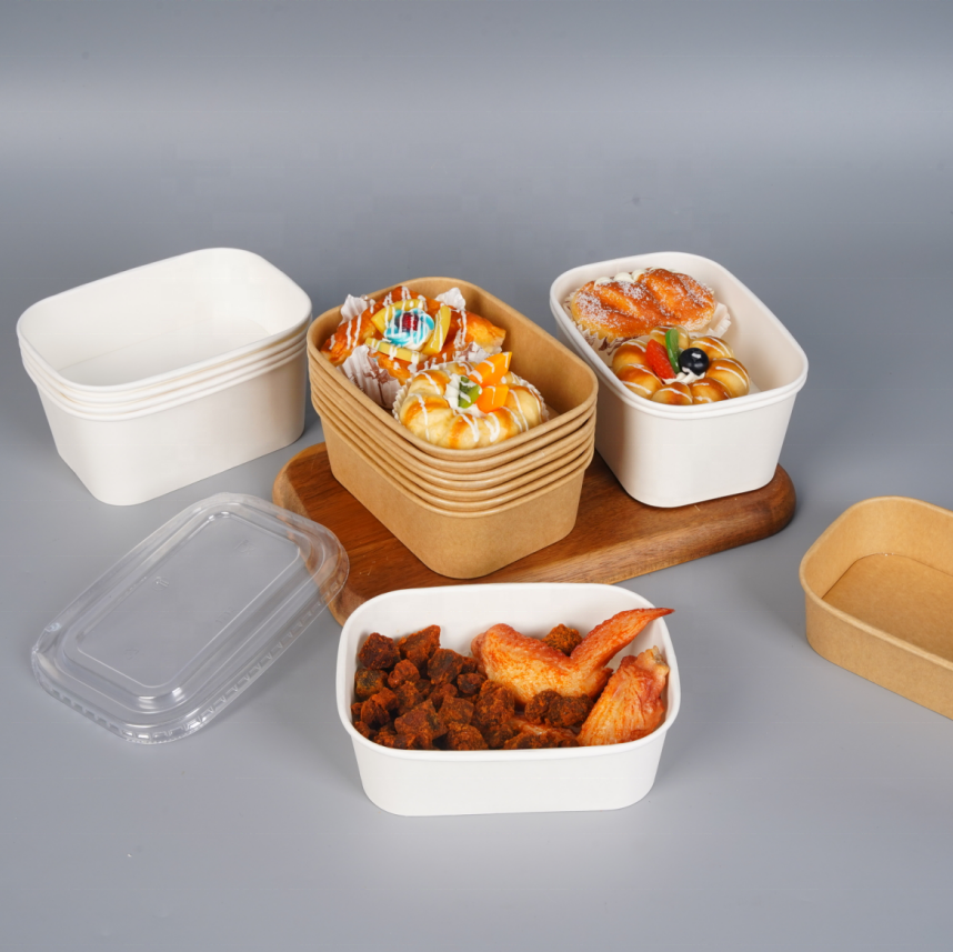 Biodegradable rectangular kraft paper takeout box/bowl, with optional PP or PET paper lids.