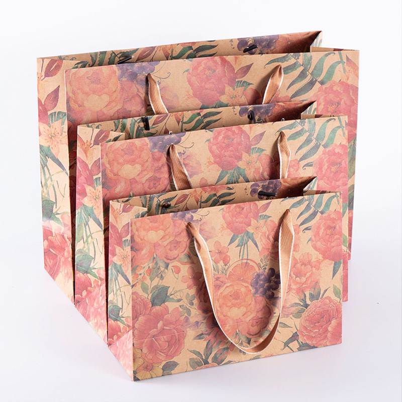 Elegant Chinese-style kraft paper gift bag with blue print; custom premium shopping bag with handles for packaging.