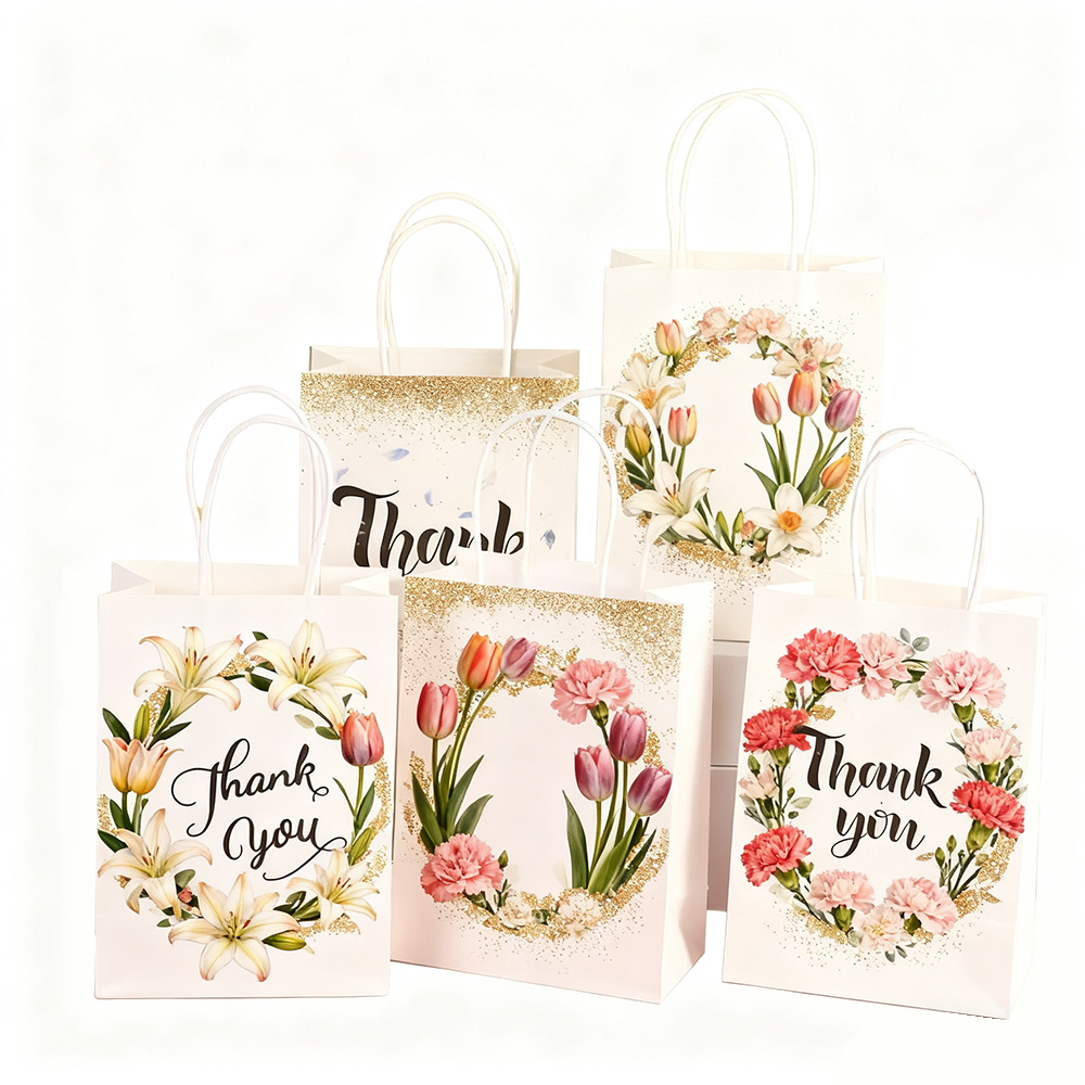 Custom-printed kraft paper bags with floral patterns and personalized branding—featuring your own logo.