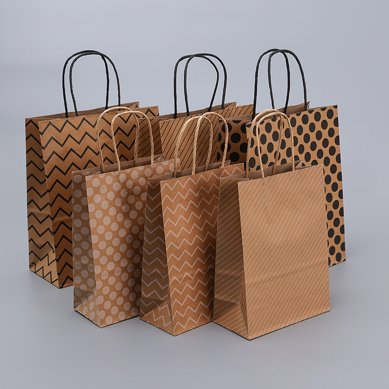 Customizable kraft paper bags featuring stripes, polka dots, or wavy patterns—suitable for shopping or gifts.