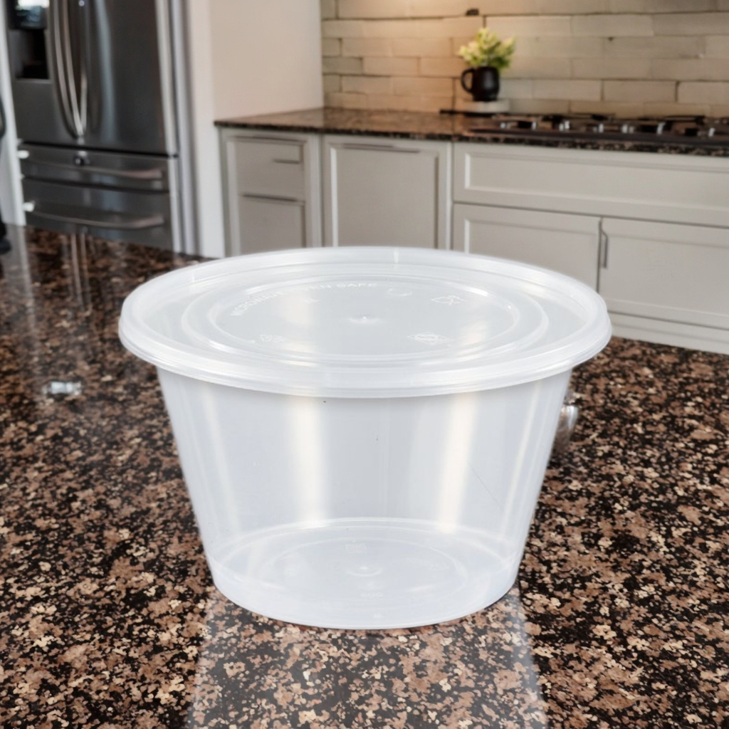 Disposable, microwave-safe, round plastic food container/bowl for lunch