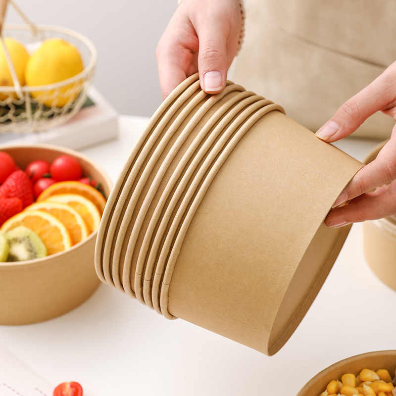 Custom-printed disposable paper salad bowls, multiple sizes, for noodle and burger food containers.