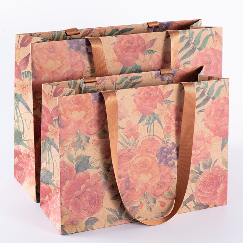 Elegant Chinese-style kraft paper gift bag with blue print; custom premium shopping bag with handles for packaging.