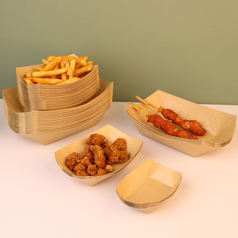 Disposable foldable kraft paper boat-style open-top tray for snacks, BBQ, french fries, fried chicken, and sausages (takeout container)