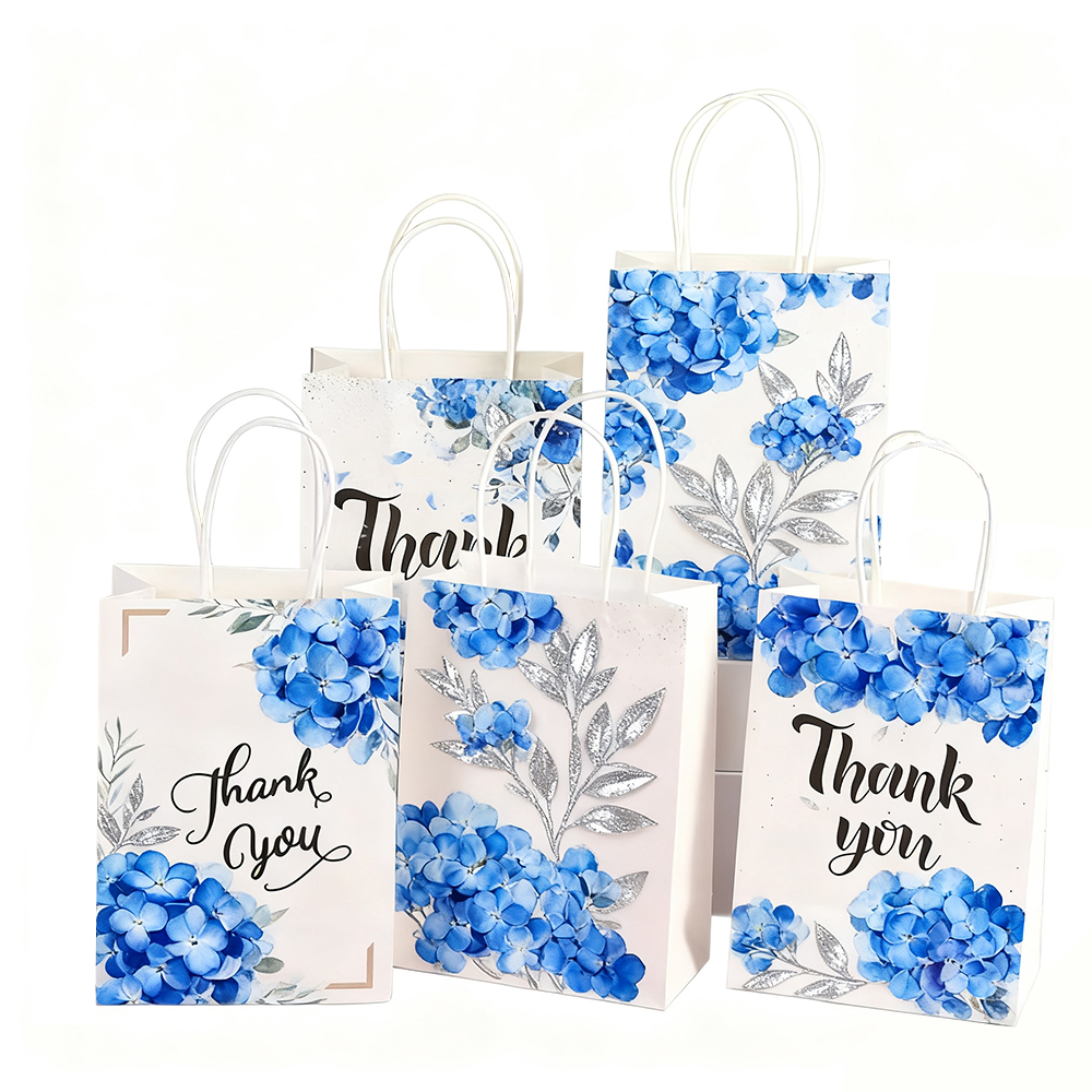 Custom-printed kraft paper bags with floral patterns and personalized branding—featuring your own logo.