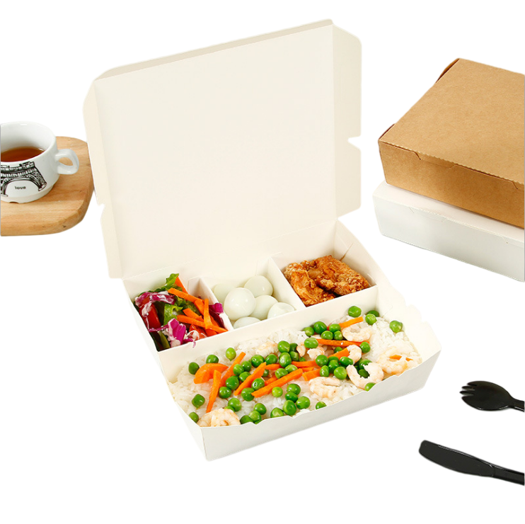 Disposable Kraft Paper Bento Lunch Box with Compartments for Takeout