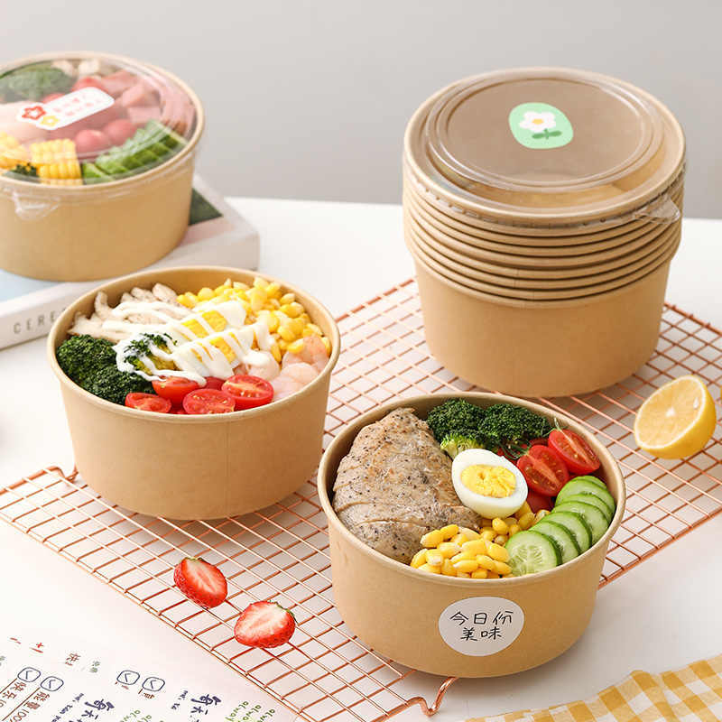 Custom-printed disposable paper salad bowls, multiple sizes, for noodle and burger food containers.