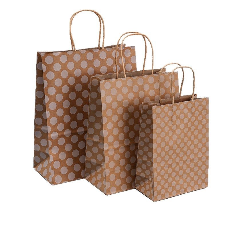 Customizable kraft paper bags featuring stripes, polka dots, or wavy patterns—suitable for shopping or gifts.