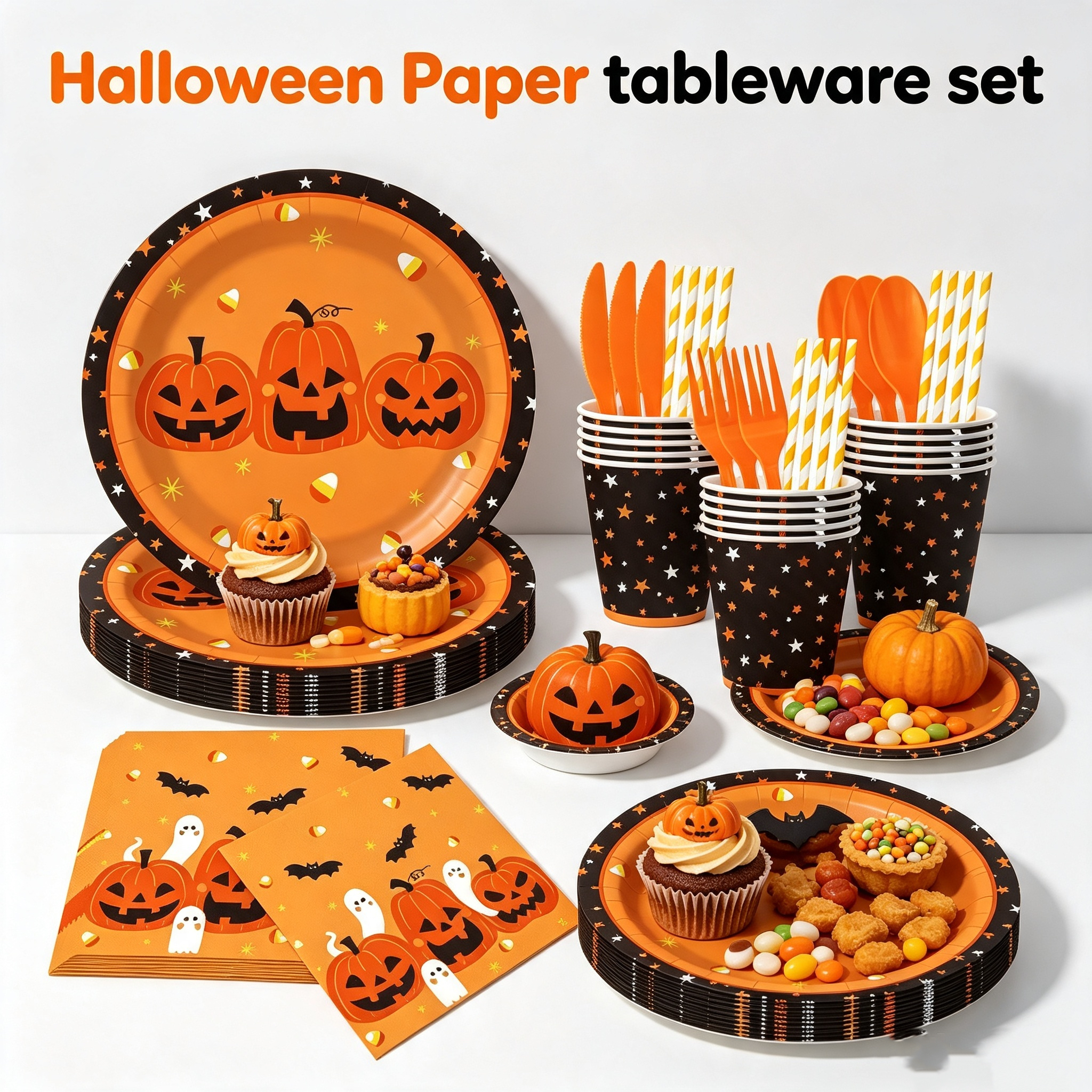 Custom-printed Halloween-style disposable tableware set: party paper plates for food with custom logo.