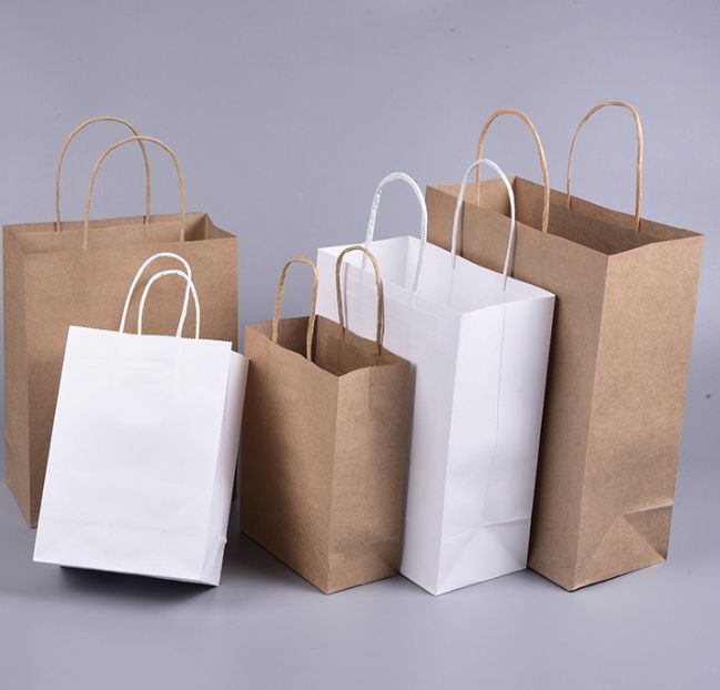 Kraft Paper Shopping Bags with Handles for Retail Bakery Grocery Takeaway Packaging