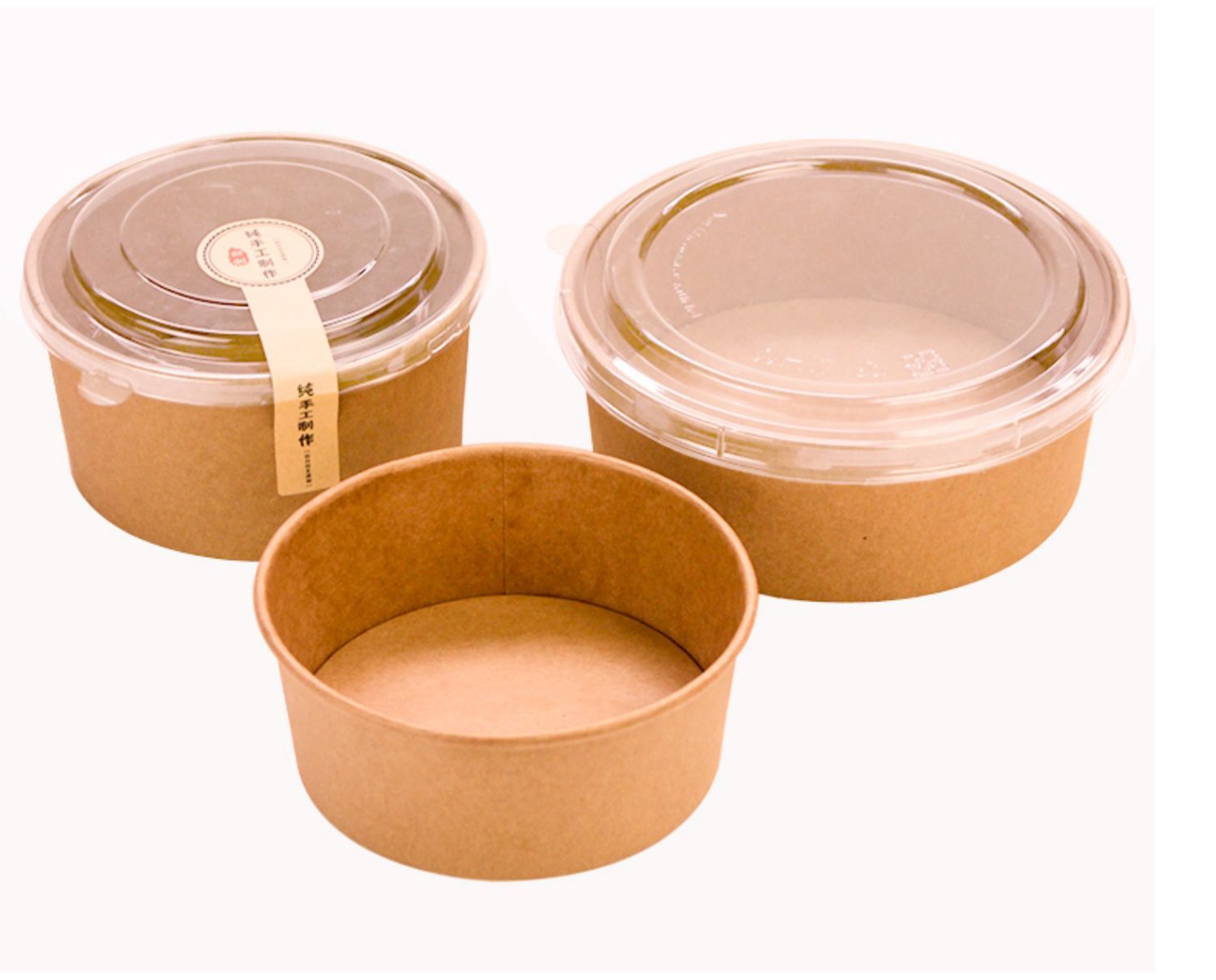 Custom-printed disposable paper salad bowls, multiple sizes, for noodle and burger food containers.