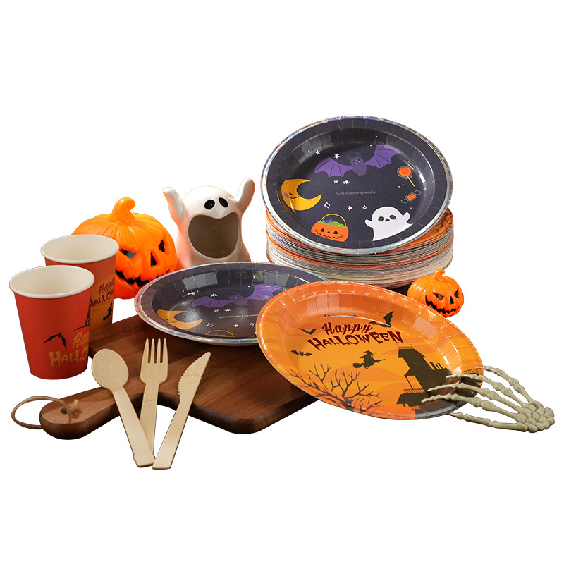 Custom-printed Halloween-style disposable tableware set: party paper plates for food with custom logo.