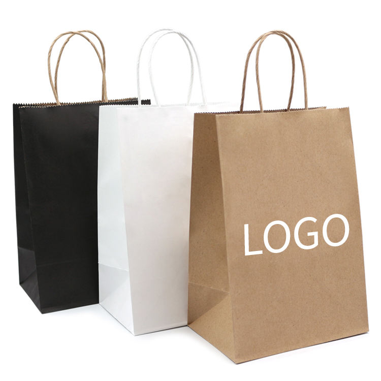 Factory-customized kraft paper bags with handles; color options available.