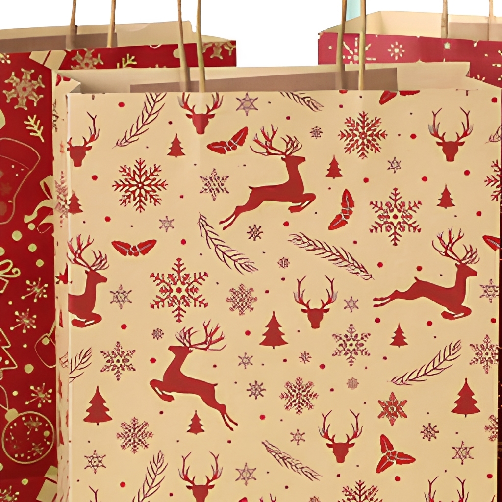 Vintage Red and Kraft Paper Christmas Gift Bags – Reindeer & Snowflake Design Handheld Bags for Party Favors and Candy
