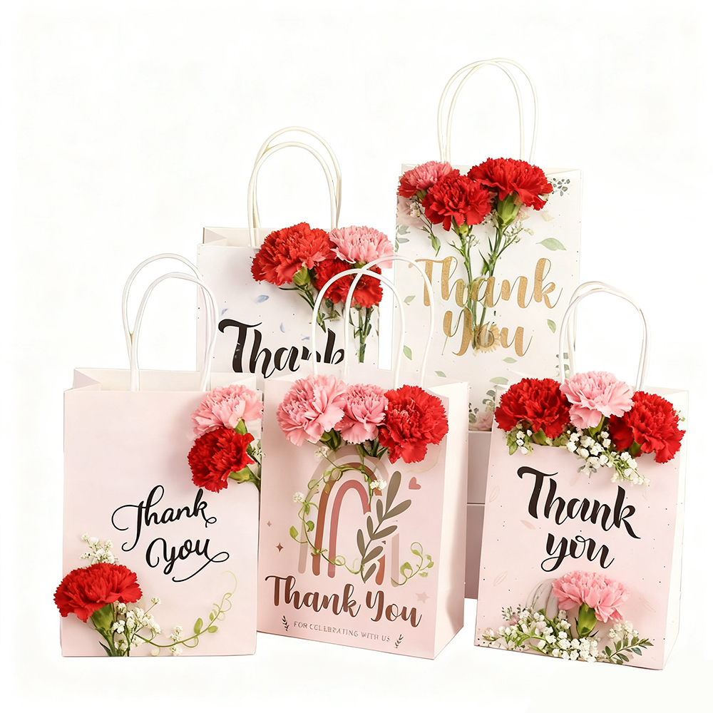 Custom-printed kraft paper bags with floral patterns and personalized branding—featuring your own logo.
