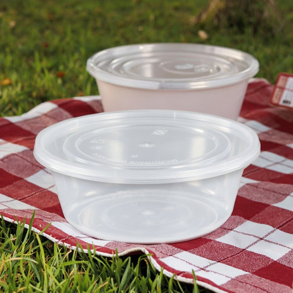 Disposable, microwave-safe, round plastic food container/bowl for lunch
