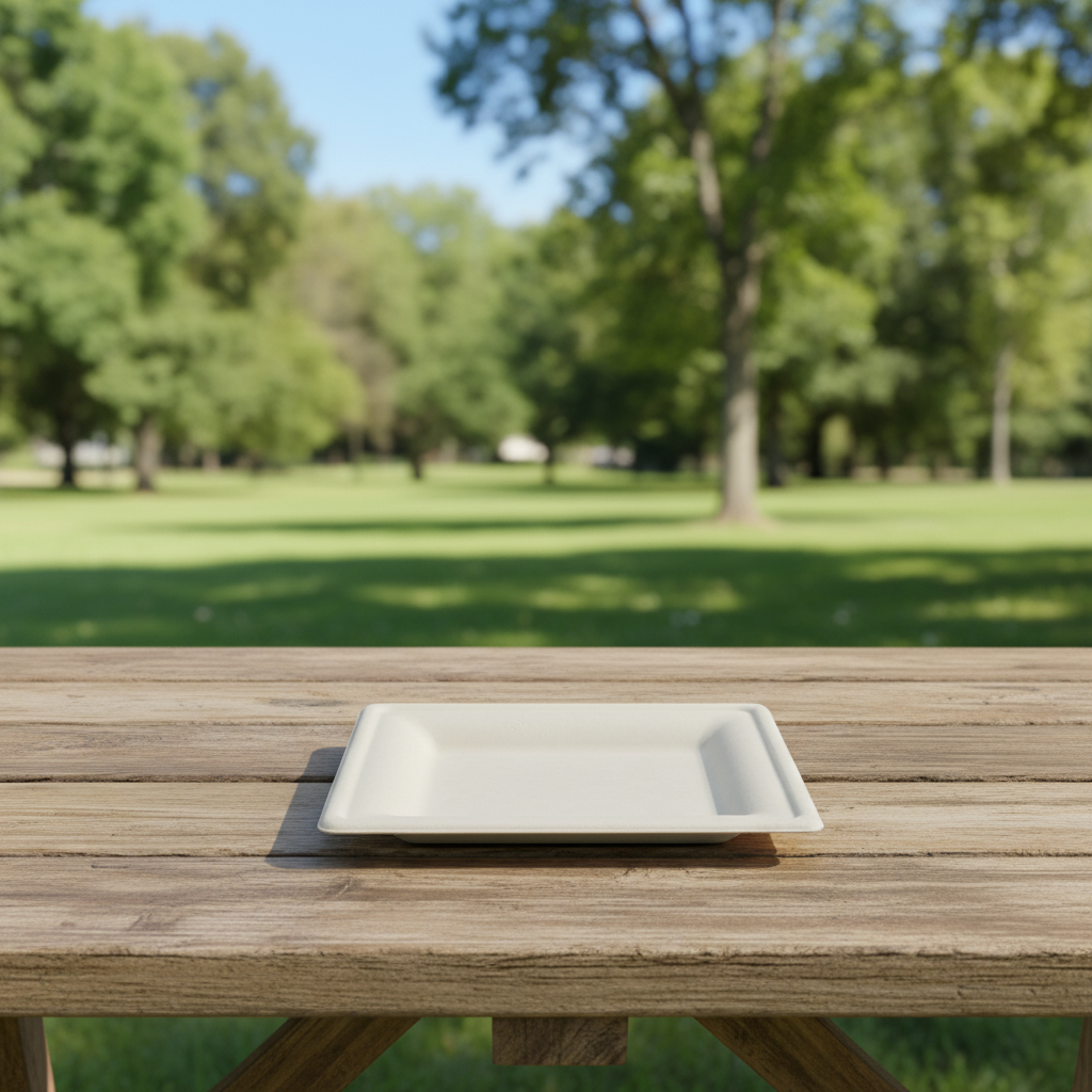 Eco-friendly, compostable, and biodegradable square disposable sugarcane plates—suitable for parties, dinners, and birthdays.