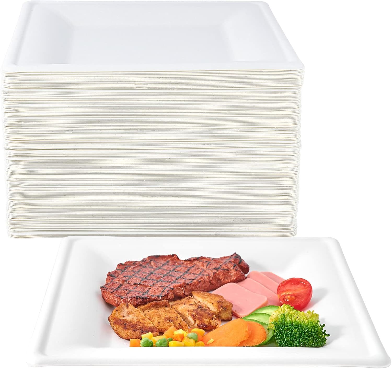 Eco-friendly, compostable, and biodegradable square disposable sugarcane plates—suitable for parties, dinners, and birthdays.