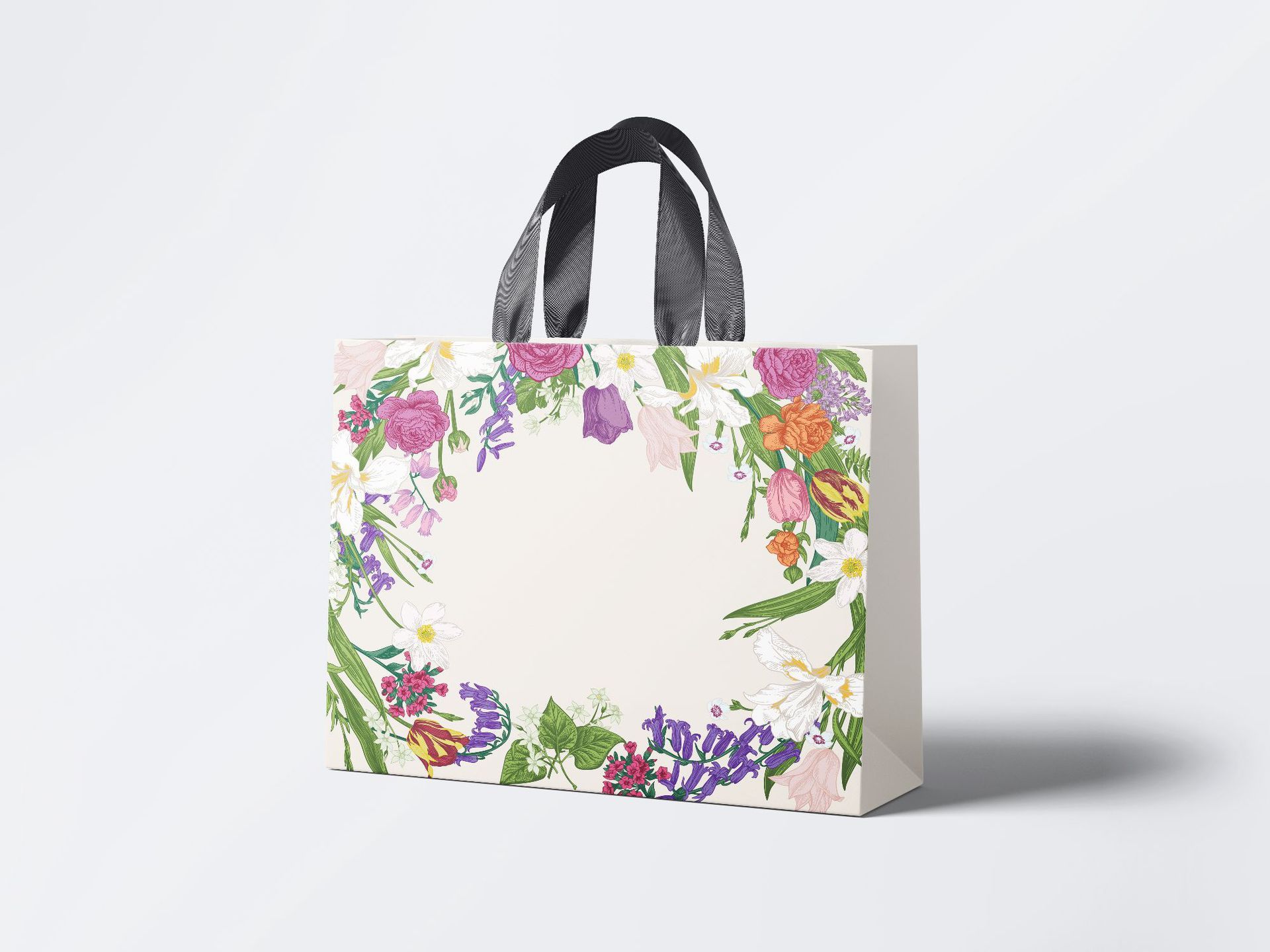 Wholesale custom kraft paper bags with floral patterns, suitable for crafts, embossed logos, and apparel packaging.
