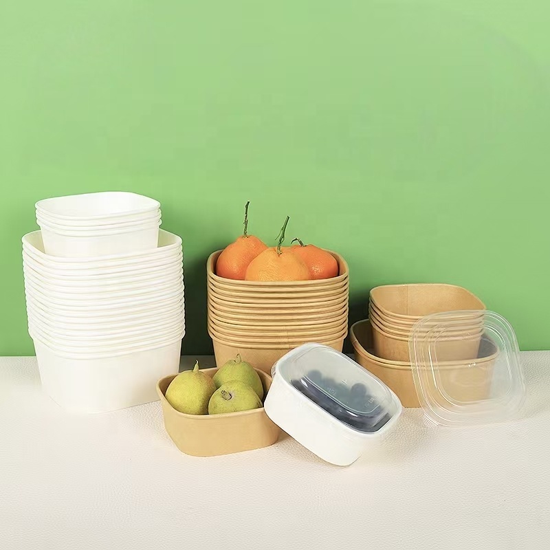 Biodegradable rectangular kraft paper takeout box/bowl, with optional PP or PET paper lids.