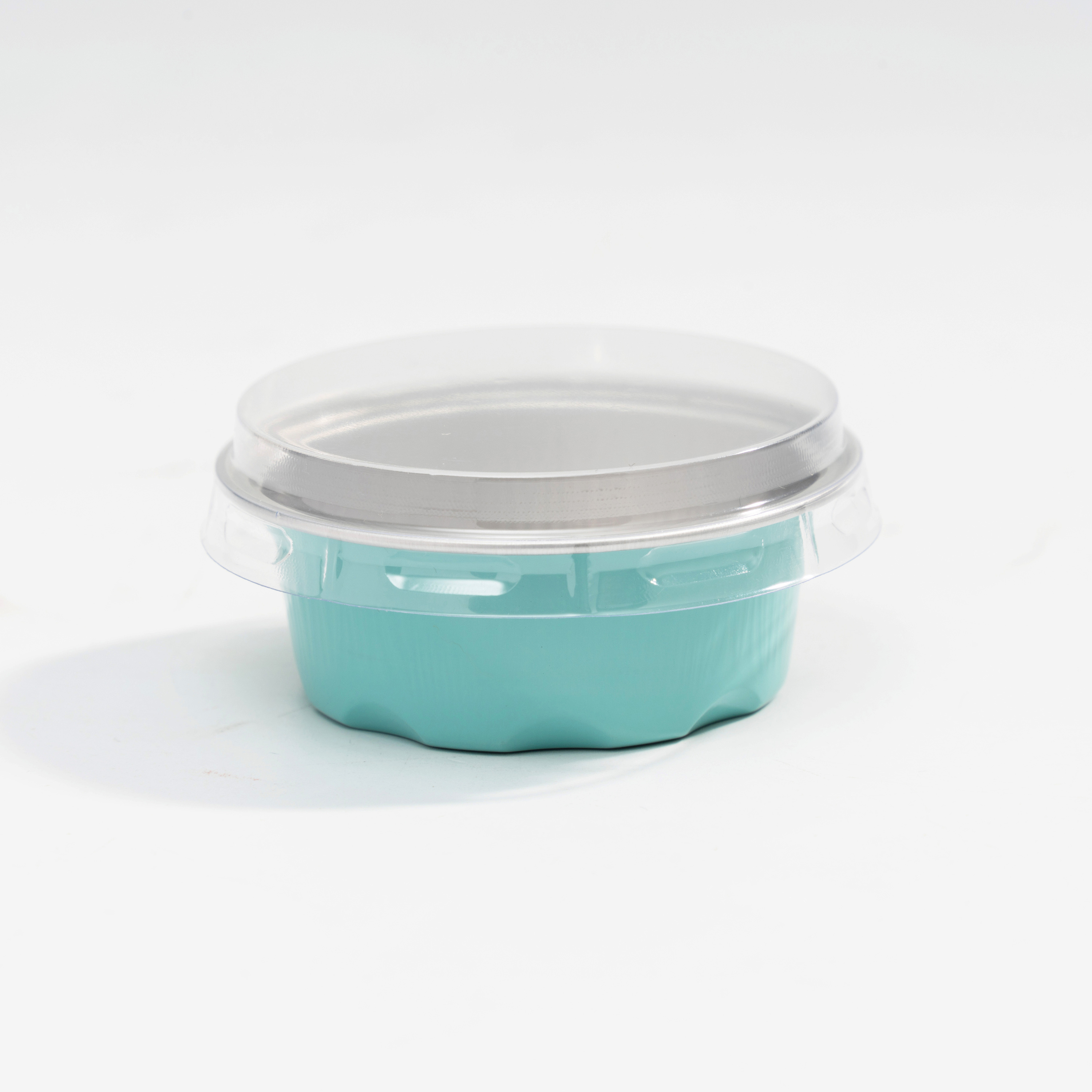 Premium 50ml round aluminum foil container with lid, suitable for high-end desserts and gift box packaging.