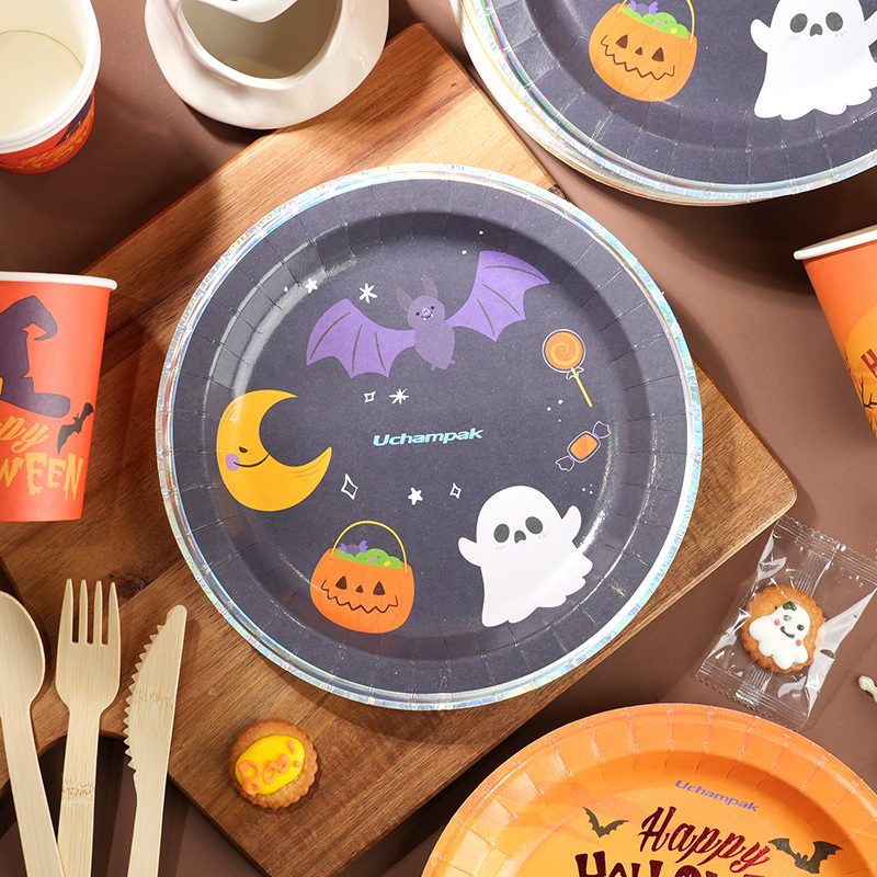 Custom-printed Halloween-style disposable tableware set: party paper plates for food with custom logo.
