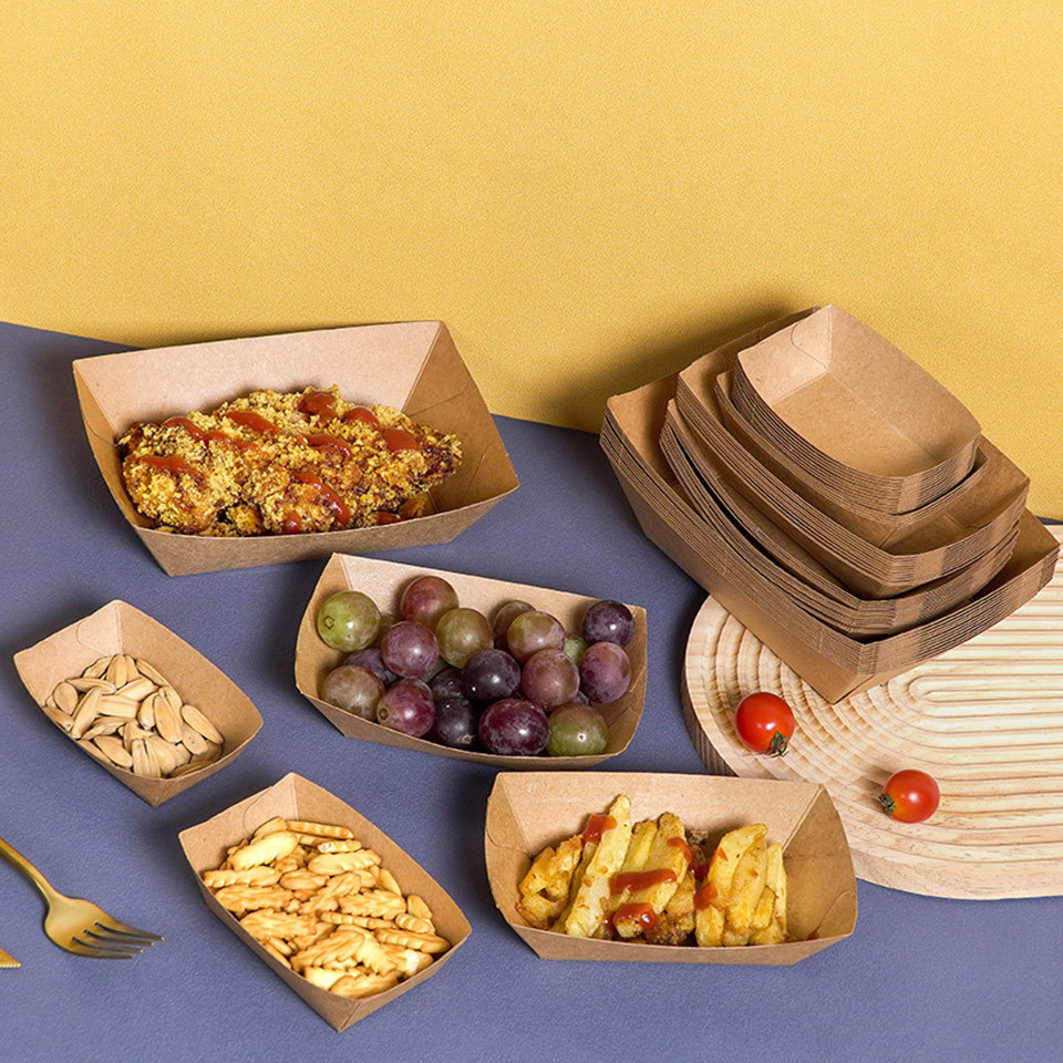 Wholesale Kraft Paper Food Packaging Boxes and Boat-Shaped Restaurant Trays