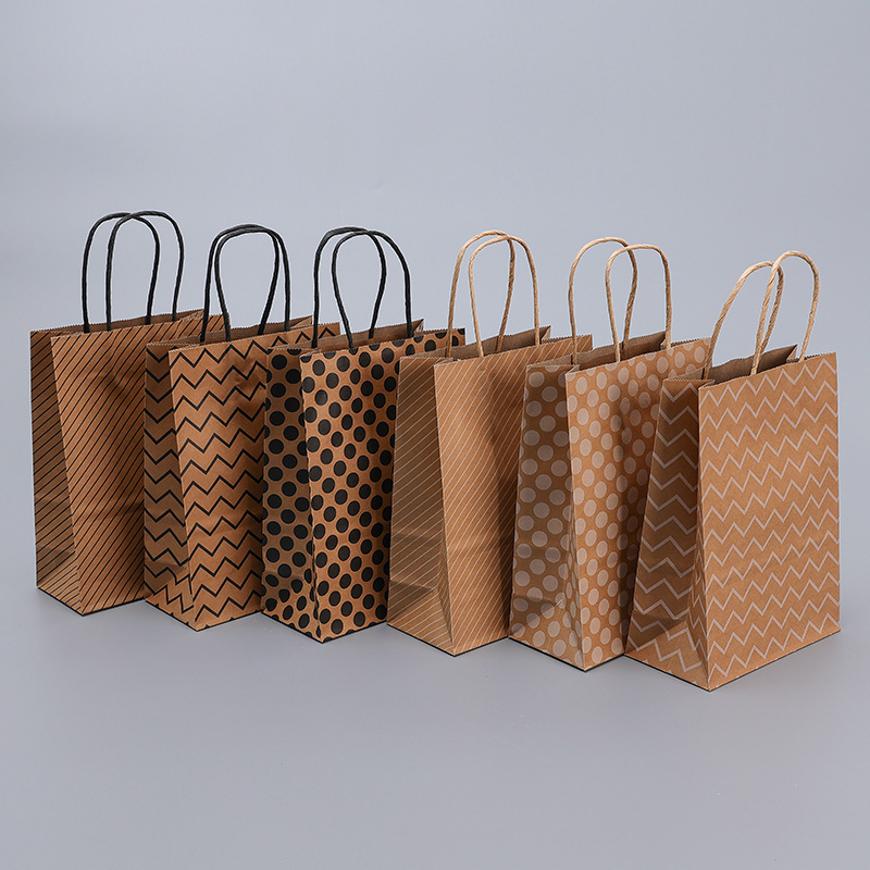 Customizable kraft paper bags featuring stripes, polka dots, or wavy patterns—suitable for shopping or gifts.