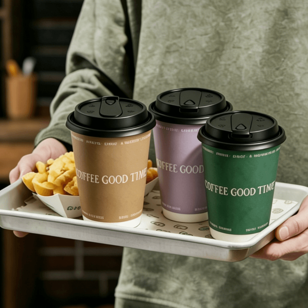 High-quality 10 oz double-wall insulated disposable paper cup for hot takeaway coffee.