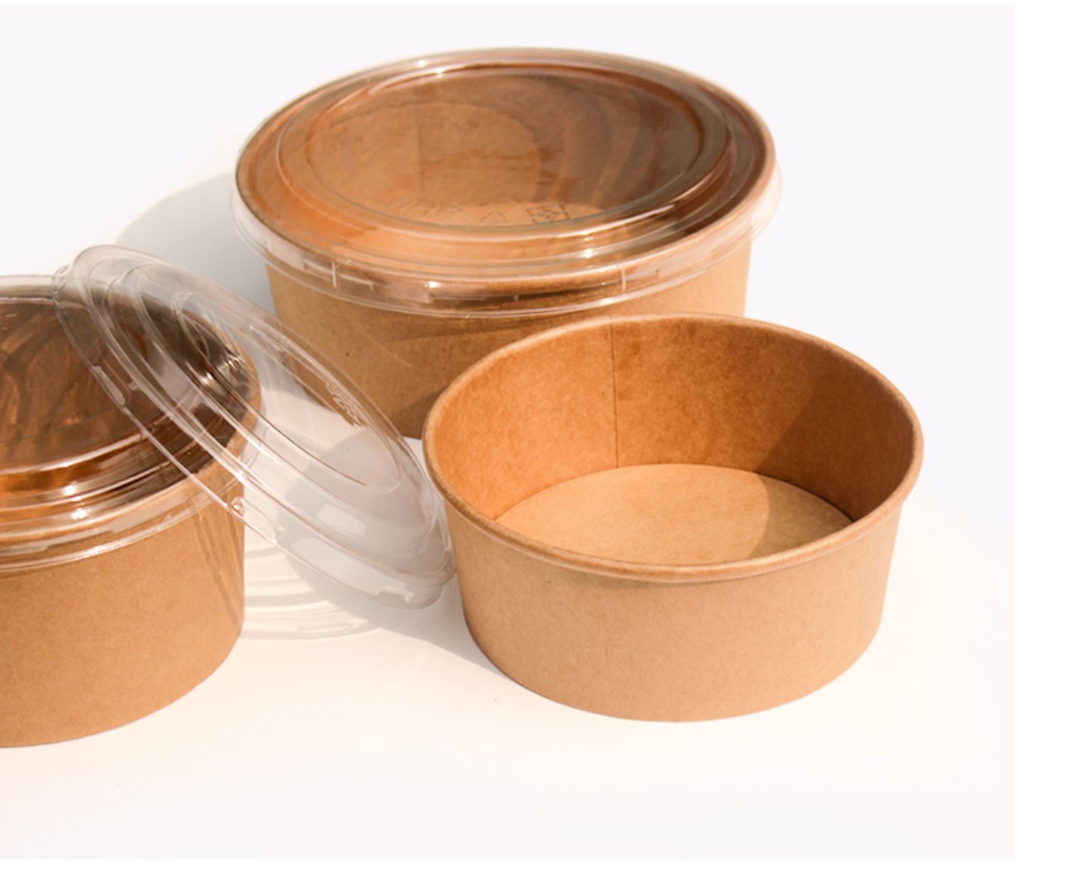 Custom-printed disposable paper salad bowls, multiple sizes, for noodle and burger food containers.