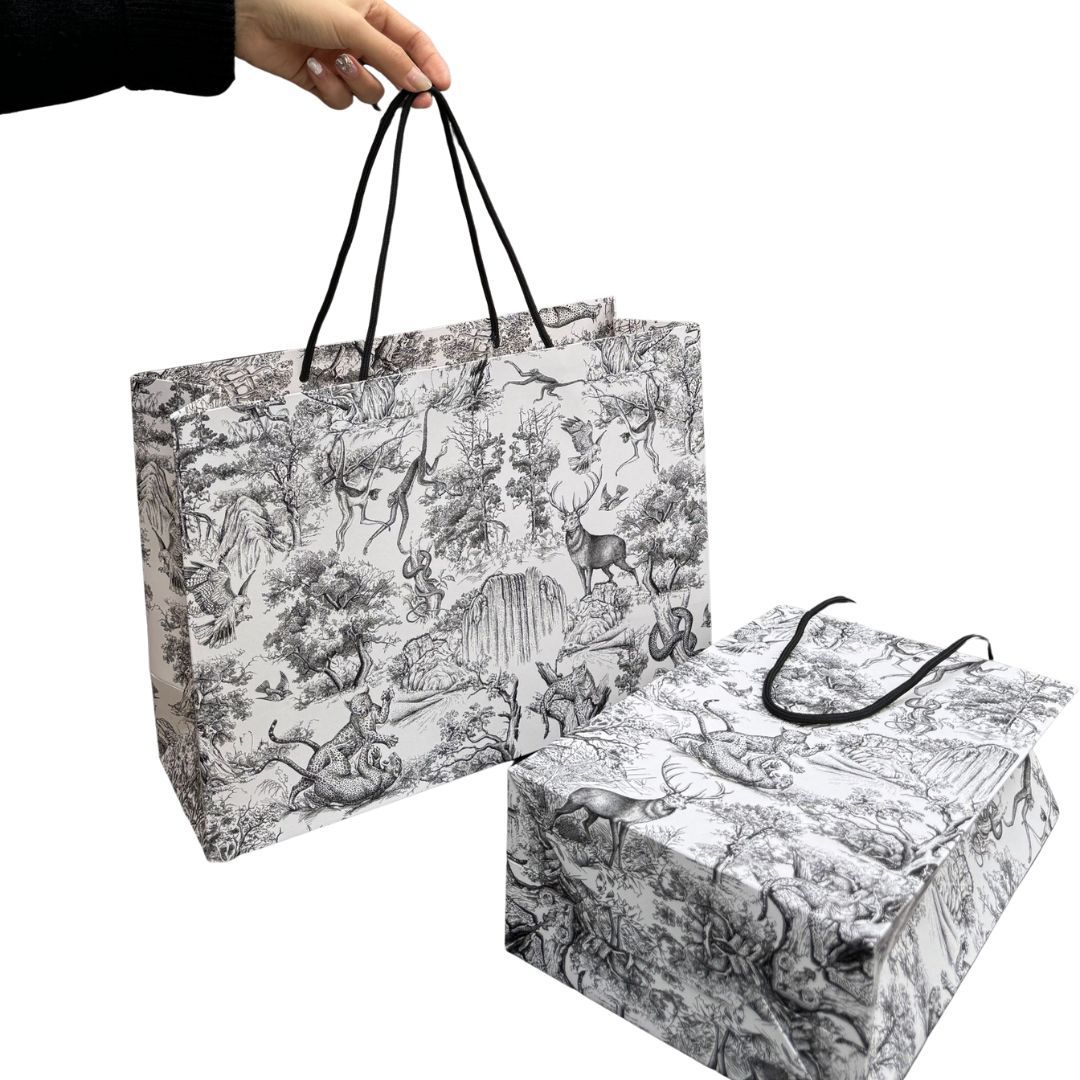 Elegant Chinese-style kraft paper gift bag with blue print; custom premium shopping bag with handles for packaging.