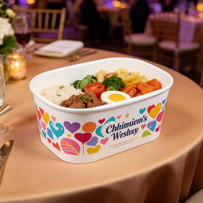 Eco-friendly, disposable rectangular paper salad bowl, suitable for snack bar takeout packaging.