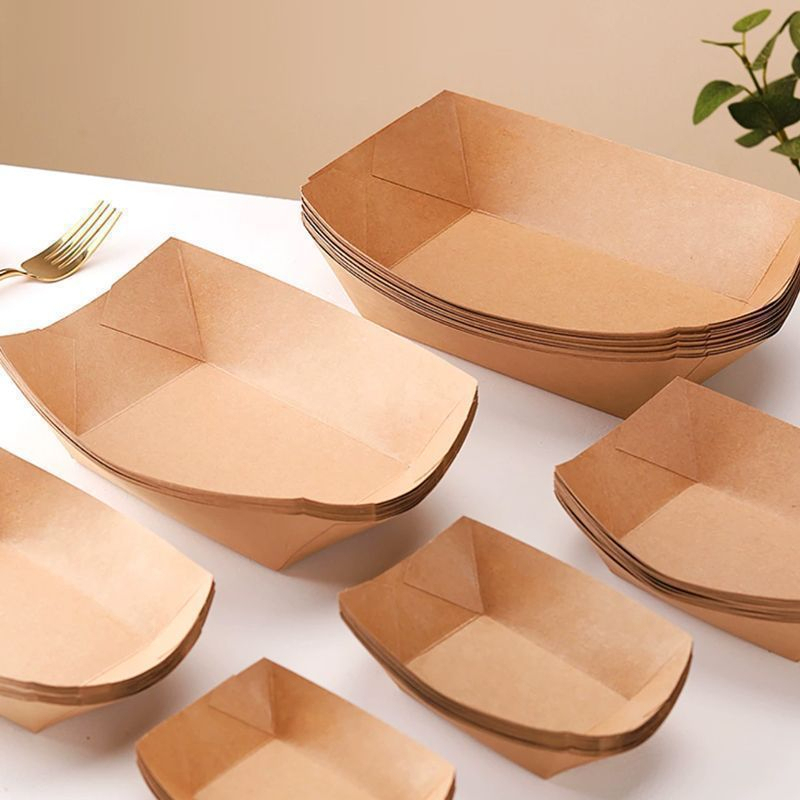 Disposable foldable kraft paper boat-style open-top tray for snacks, BBQ, french fries, fried chicken, and sausages (takeout container)