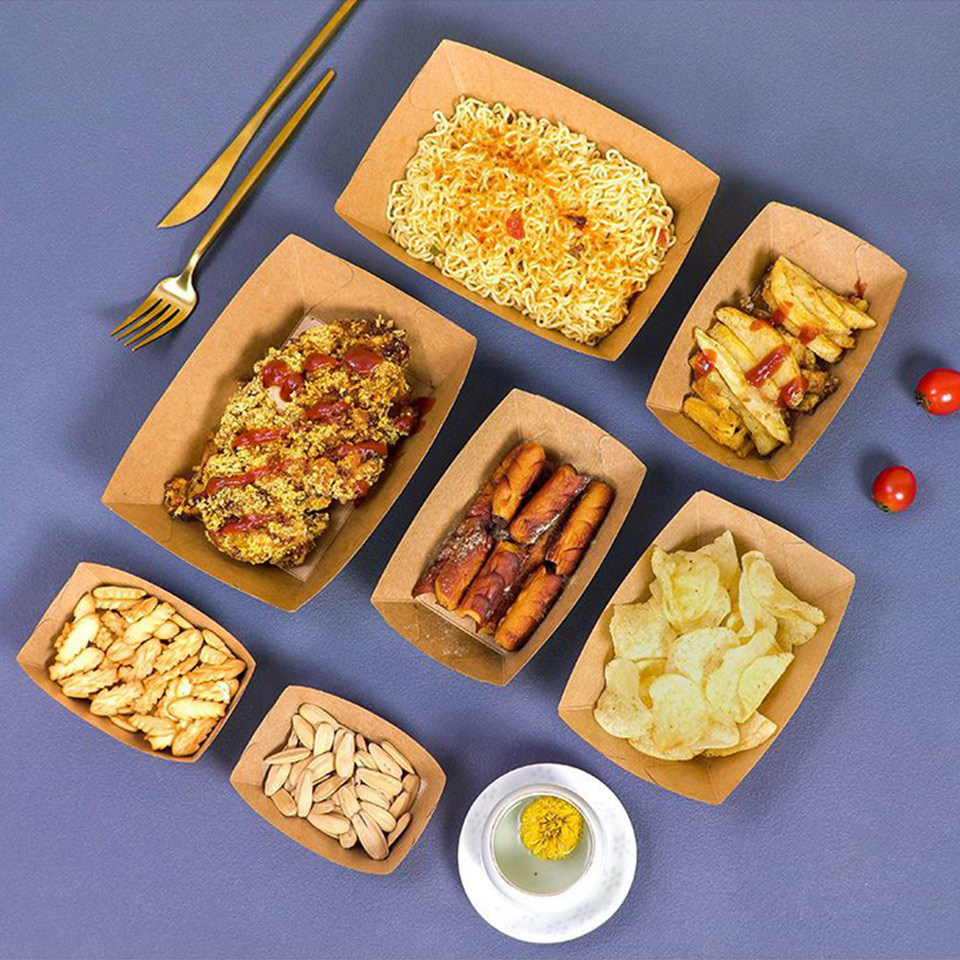 Wholesale Kraft Paper Food Packaging Boxes and Boat-Shaped Restaurant Trays