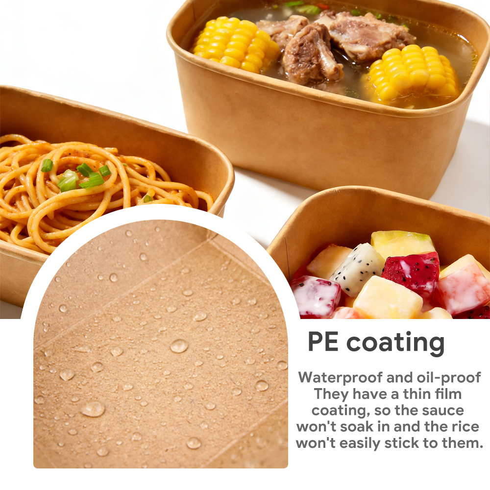 Biodegradable rectangular kraft paper takeout box/bowl, with optional PP or PET paper lids.