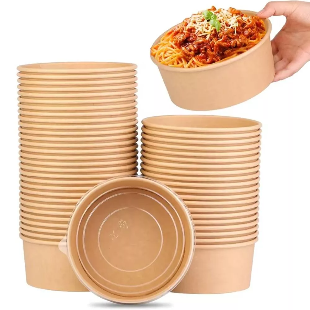 Customized white disposable food-grade kraft paper bowls, takeaway noodles, PP lids, and other food-grade kraft paper plates and bowls.