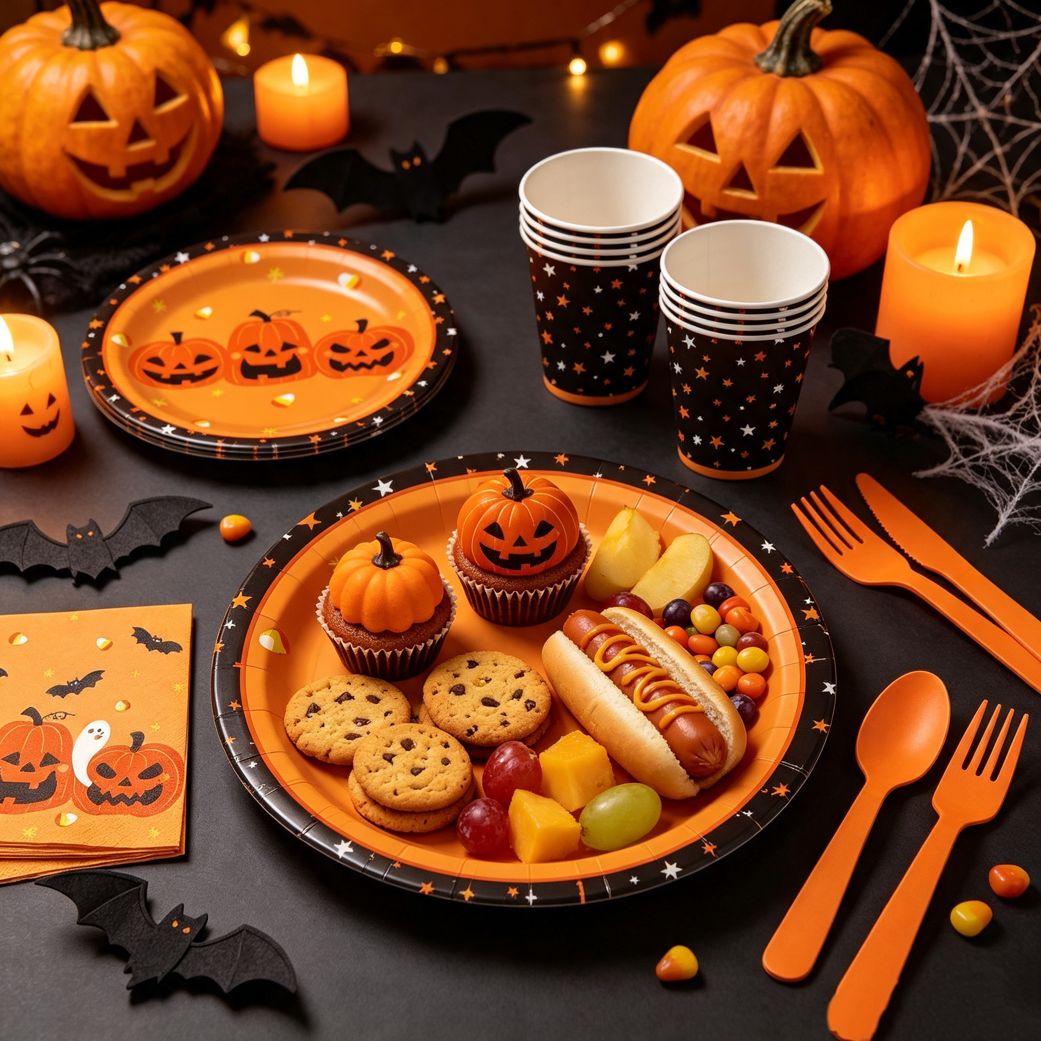 Custom-printed Halloween-style disposable tableware set: party paper plates for food with custom logo.