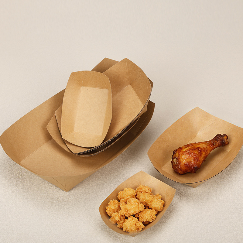 Disposable foldable kraft paper boat-style open-top tray for snacks, BBQ, french fries, fried chicken, and sausages (takeout container)