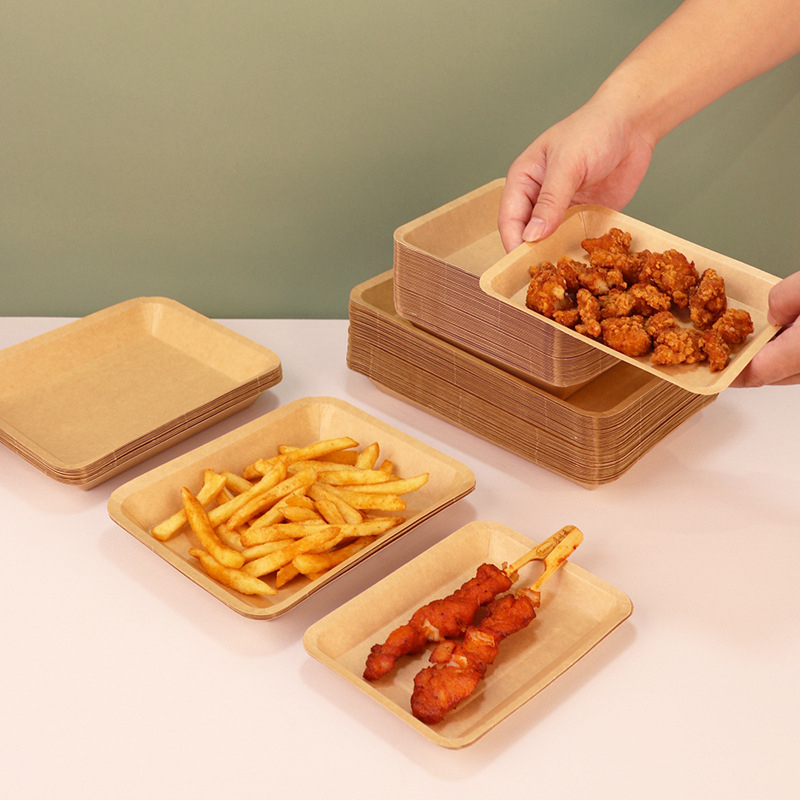 Disposable foldable kraft paper boat-style open-top tray for snacks, BBQ, french fries, fried chicken, and sausages (takeout container)
