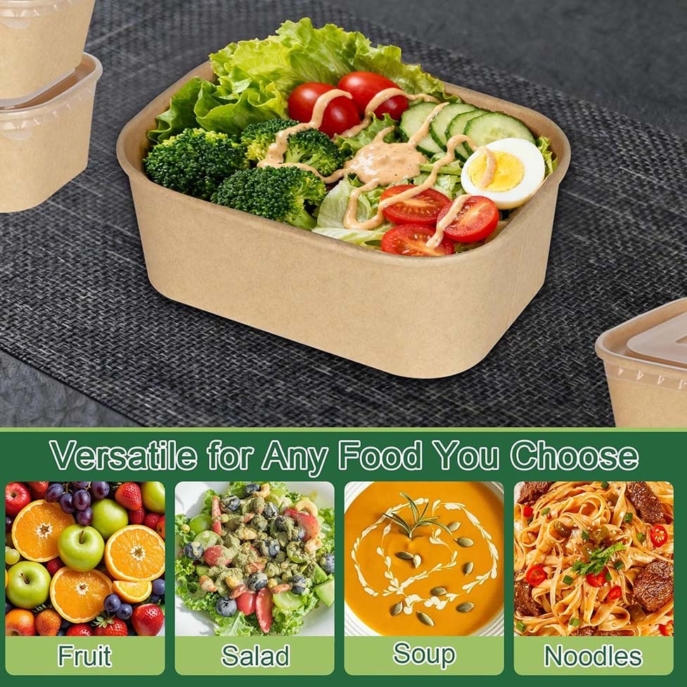 Biodegradable rectangular kraft paper takeout box/bowl, with optional PP or PET paper lids.