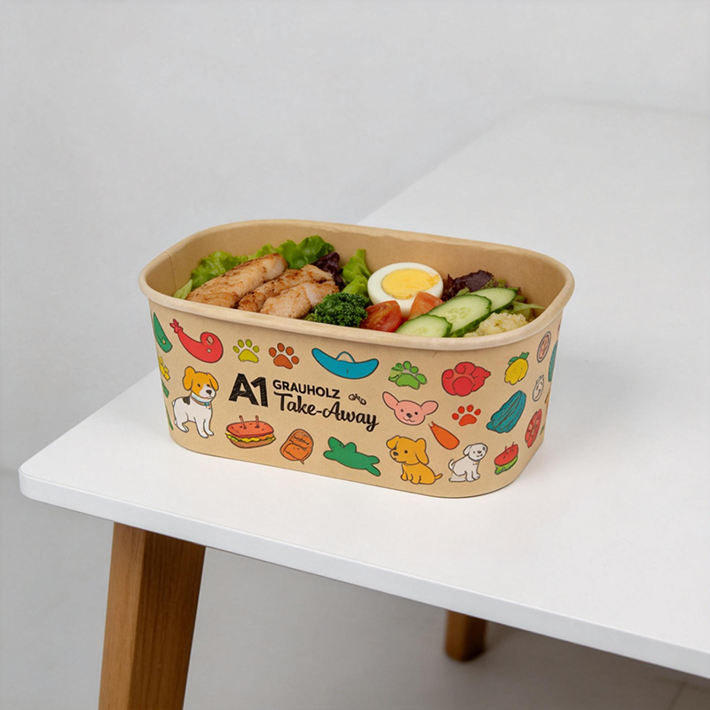 Eco-friendly, disposable rectangular paper salad bowl, suitable for snack bar takeout packaging.