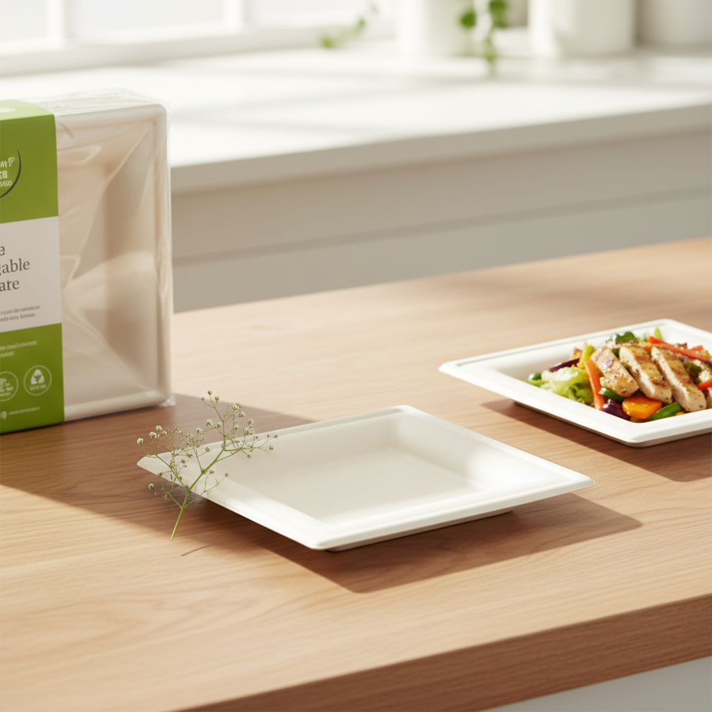 Eco-friendly, compostable, and biodegradable square disposable sugarcane plates—suitable for parties, dinners, and birthdays.