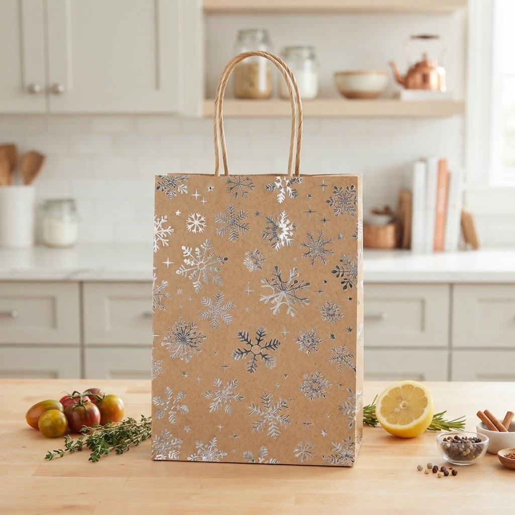 Vintage Red and Kraft Paper Christmas Gift Bags – Reindeer & Snowflake Design Handheld Bags for Party Favors and Candy